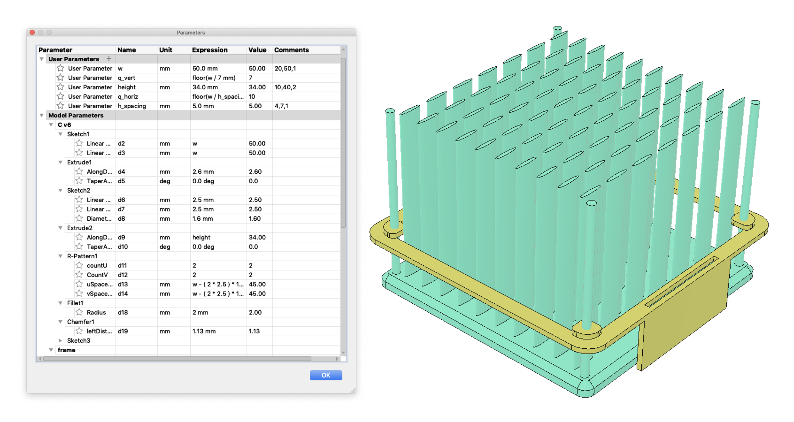 Parameters needed to model design variation for a heat sink.